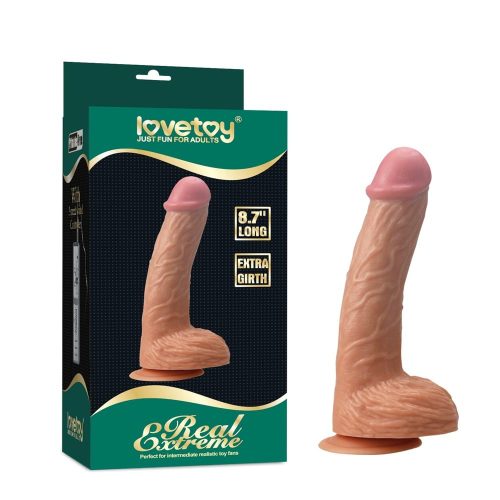 Lovetoy - 8.7" Real Extreme Extra Girth Dildo - bőrszerű tapintású, herés, letapasztható dildó